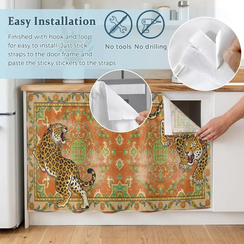 VIKAMA Boho Antique Leopard Pattern Cabinet Curtain Oriental Rug Under Sink Dust Cover Kitchen Counter Decor Short Curtain