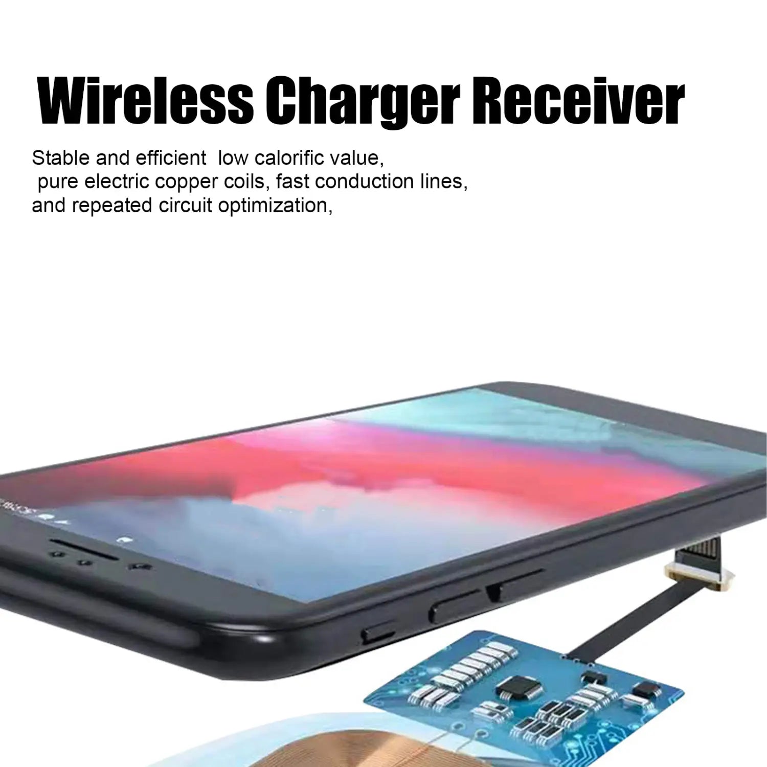 ワイヤレス充電向けに設計された、青色の回路基板と銅コイルを備えるType-C 10W急速ワイヤレス充電レシーバーの背面側に置かれた黒色スマートフォン