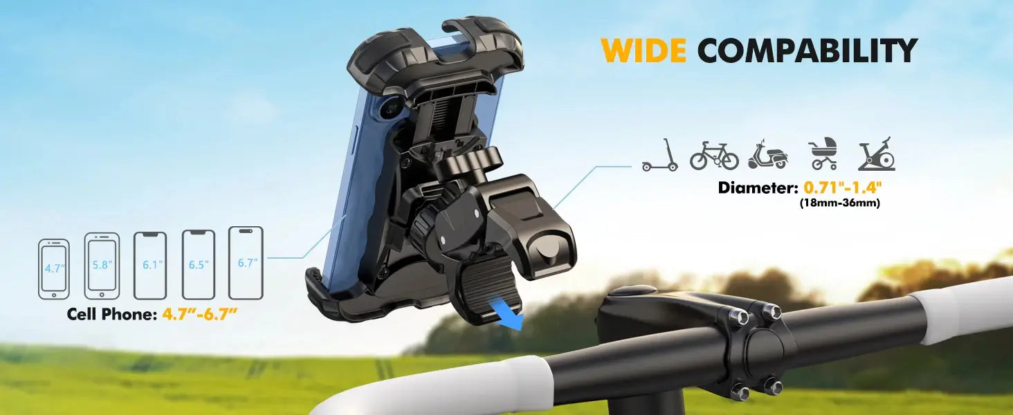 Support de téléphone pour vélo universel en plastique noir avec pince réglable et berceau de rotation à 360 degrés pour une large compatibilité.