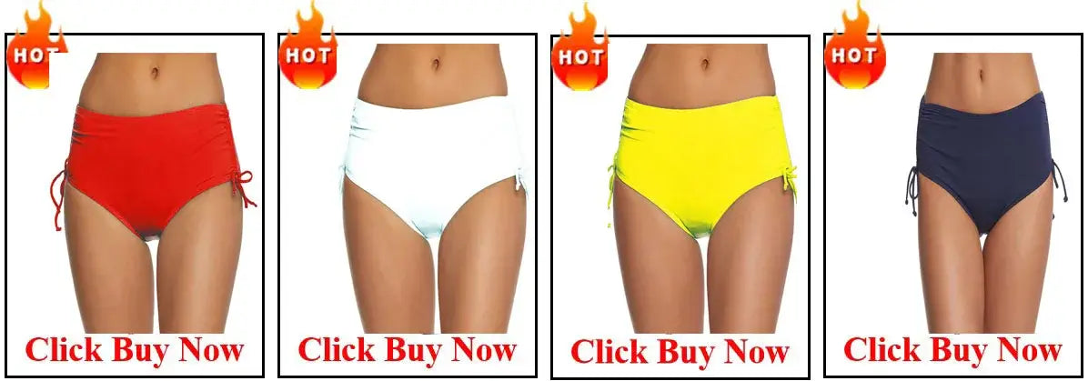 High-waisted bikini bottoms in red white yellow and navy blue with side ties complement the beaded high waisted jumpsuit elegant party outfit.
