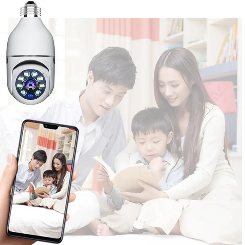 silberne kugelförmige Smart-Glühbirnen-Sicherheitskamera mit LED-Leuchten und Schraubsockel, ausgelegt, um eine Glühlampe nachzuahmen und 1080p-WLAN-HD-Video zu unterstützen.