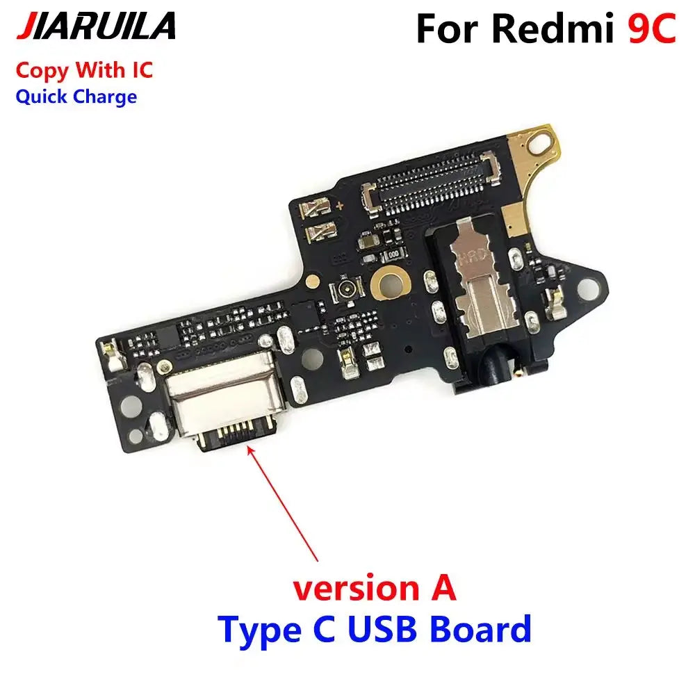Schwarze Leiterplatten-USB-Ladeanschluss-Flexkabel mit vergoldeten Steckverbindern und Typ-C-USB-Anschluss, ausgelegt für Xiaomi Redmi 9c Smartphones, mit Schutzzeit über China Post.