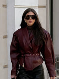 Burgundy Women Faux Leather Coat Lapel Puff Sleeve Belted Waist Cropped Outerwear 2026 Daily Autumn Streetwear Warm Jacket