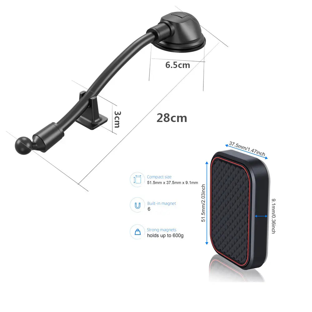 Black magnetic gooseneck long arm phone holder with red trim and textured surface for car use