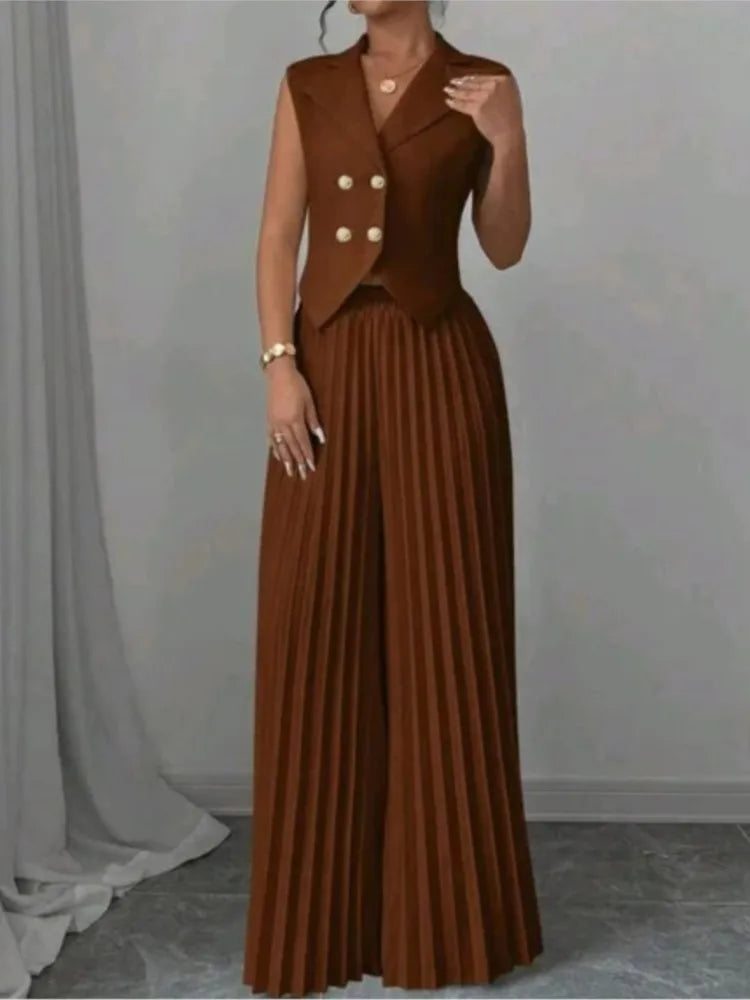Elegant Formal Women Vest Trousers 2 Pieces Spring New Fashion Retro Wide-leg Pleated Pants Slimming Sleeveless Vest Female Set