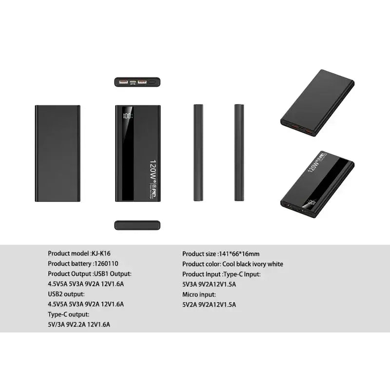 Banco de energía portátil rectangular de carga rápida de 120 W en negro con acabado brillante y pantalla digital que muestra una carga del 100 por ciento; incluye varios puertos USB, entre ellos tipo C y opciones de entrada y salida micro.