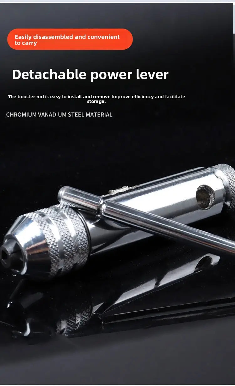 Shiny chrome vanadium steel detachable power lever with textured grip and threaded end in tap and die set thread cutting tool kit.