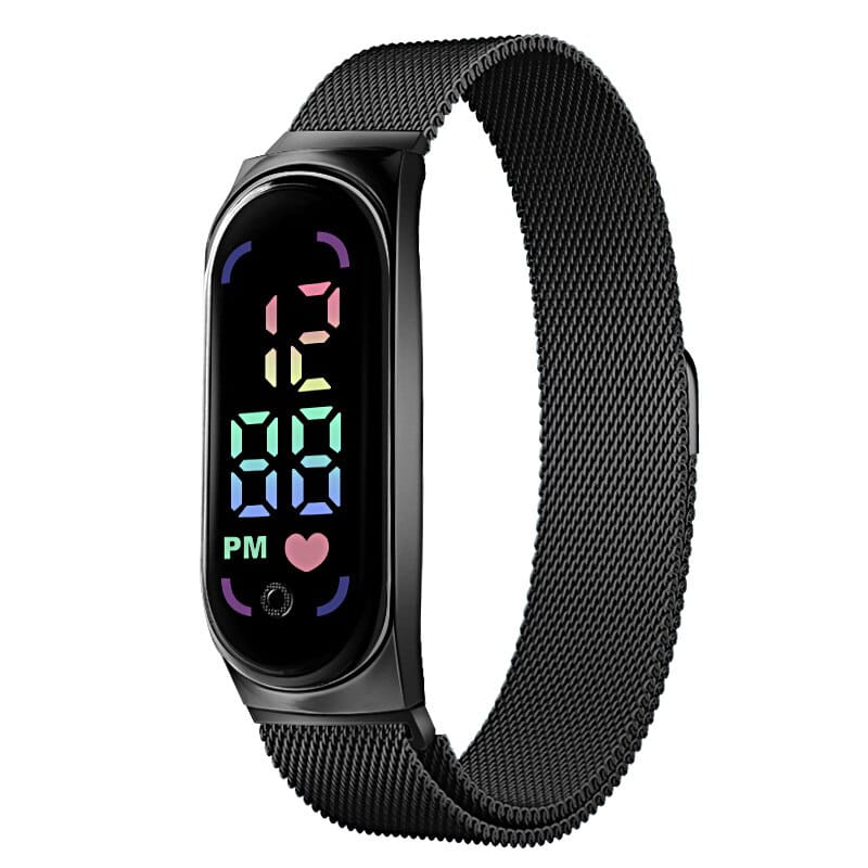 Black digital fitness tracker with mesh band and colorful led display showing 12 00 pm in a product titled rose gold digital watch led touch waterproof