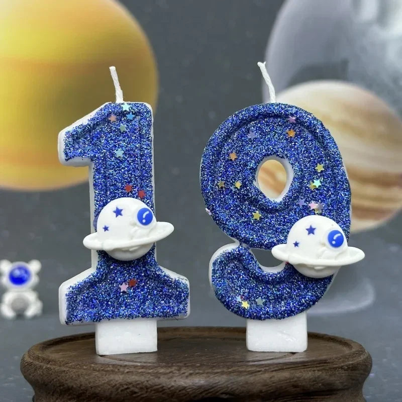 Boys Birthday Number Candle Cake Topper Blue Planetary Universe Children Baby Party One Year Old Dessert Decor Baking Supplies