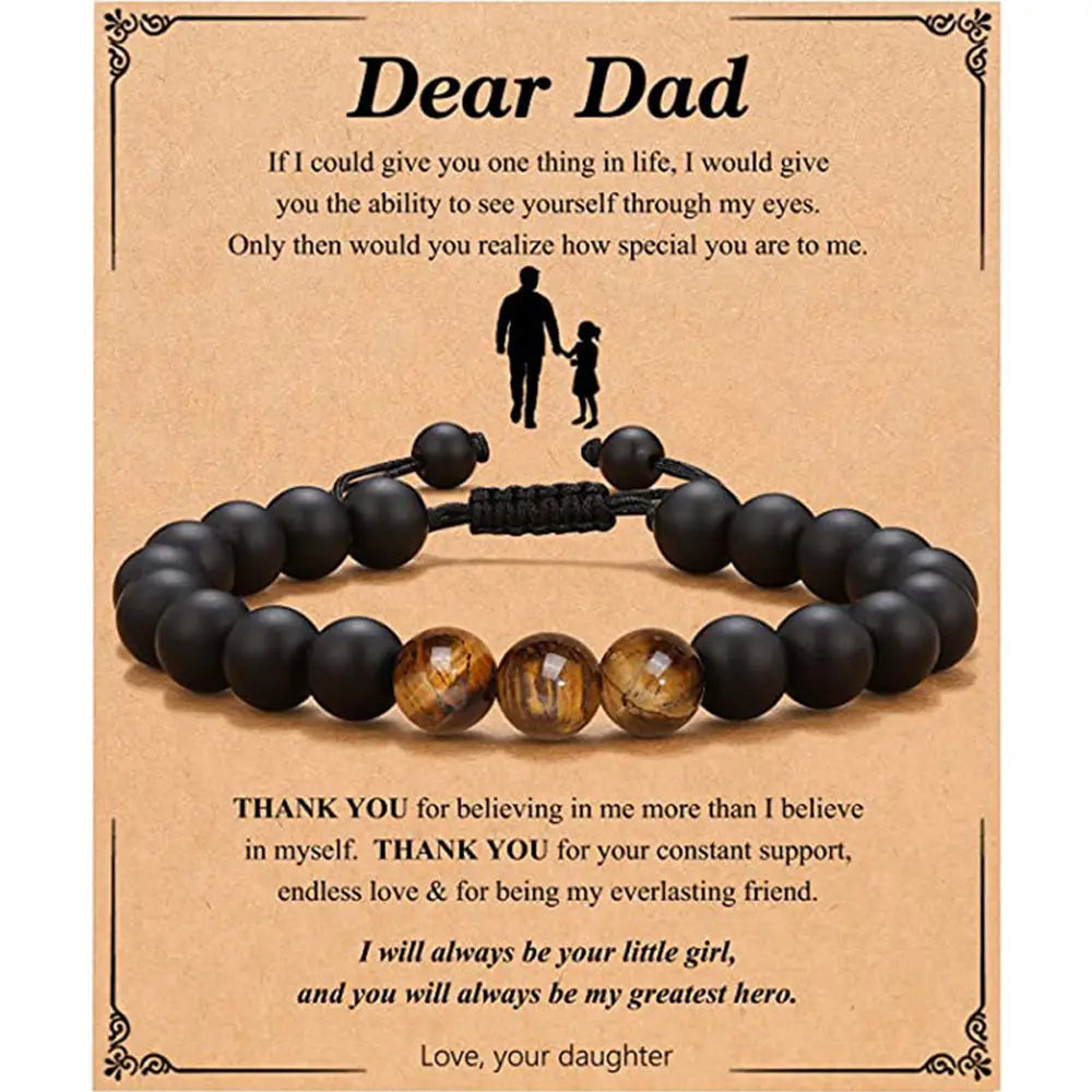 Pulsera de cuentas negras de ojo de tigre para padre con tres piedras de ojo de tigre y cierre de nudo de macramé.
