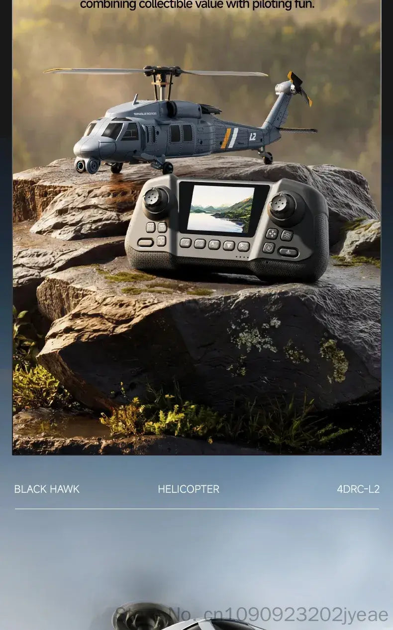Gray remote control helicopter with 8k camera featuring a built-in screen and dual joysticks for realistic flight simulation.
