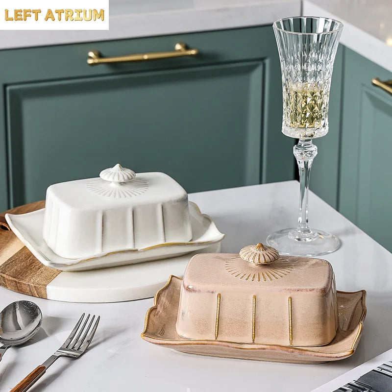 Ceramics Tableware Butter Box with Lid Butter Dish Cheese Plate Dinner Plate Baking Butter Pan Dim Sum Dish Cake Pan Snack Tray
