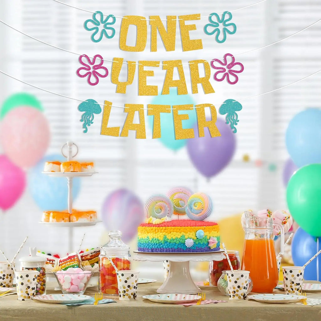 One Year Later Banner - Sea Animals First Birthday Decor, Yellow Undersea Theme Cartoon 1st Birthday Decorations Gold