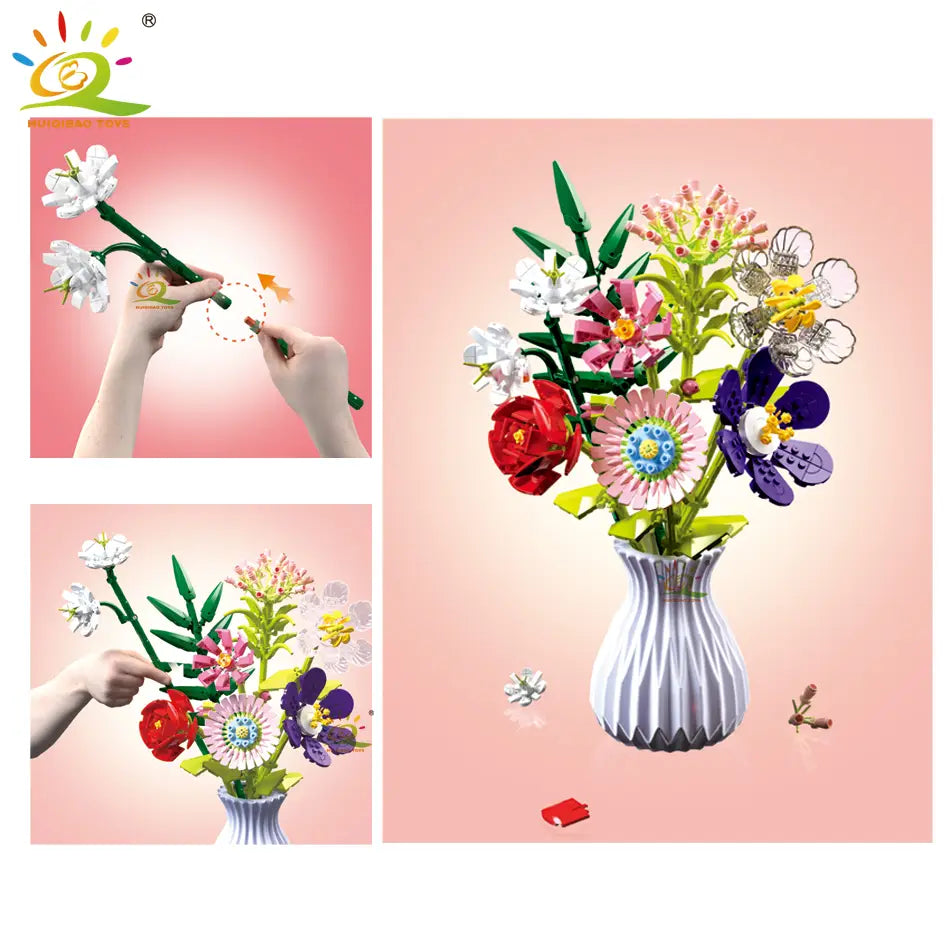 Un bouquet de fleurs multicolore et finement conçu, en briques, dans un vase cannelé blanc, idéal pour les collections d’amateurs de blocs.