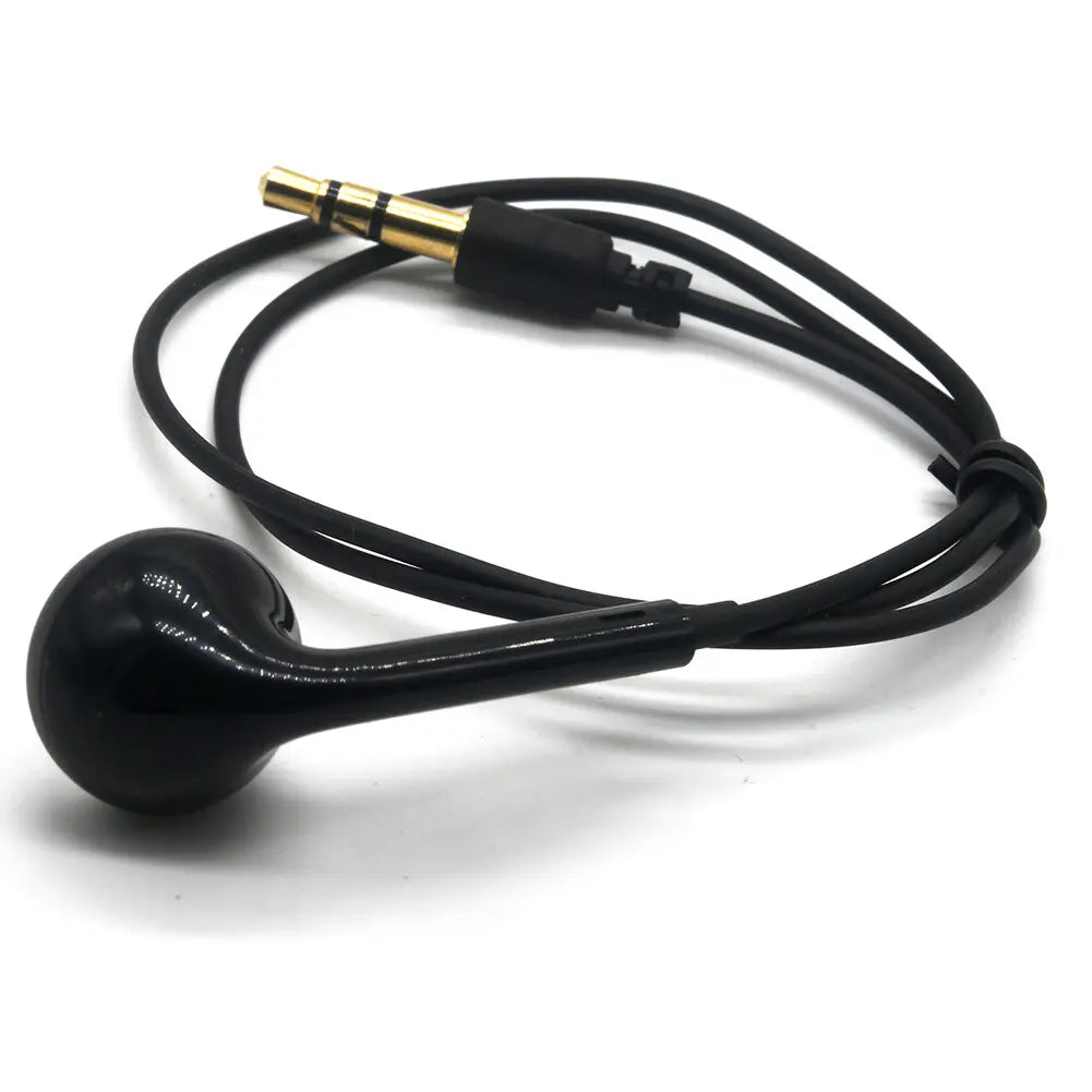 Walkie talkie single sided mono earphone with a glossy black in-ear design, gold-colored 3.5mm audio jack, and coiled black cable for portable use.