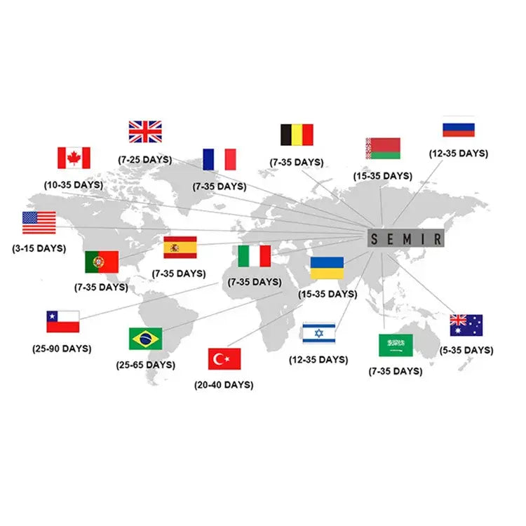 Gray world map graphic with country flags and delivery time estimates from semir accompanying the women double-breasted trench coat casual windbreaker product page.