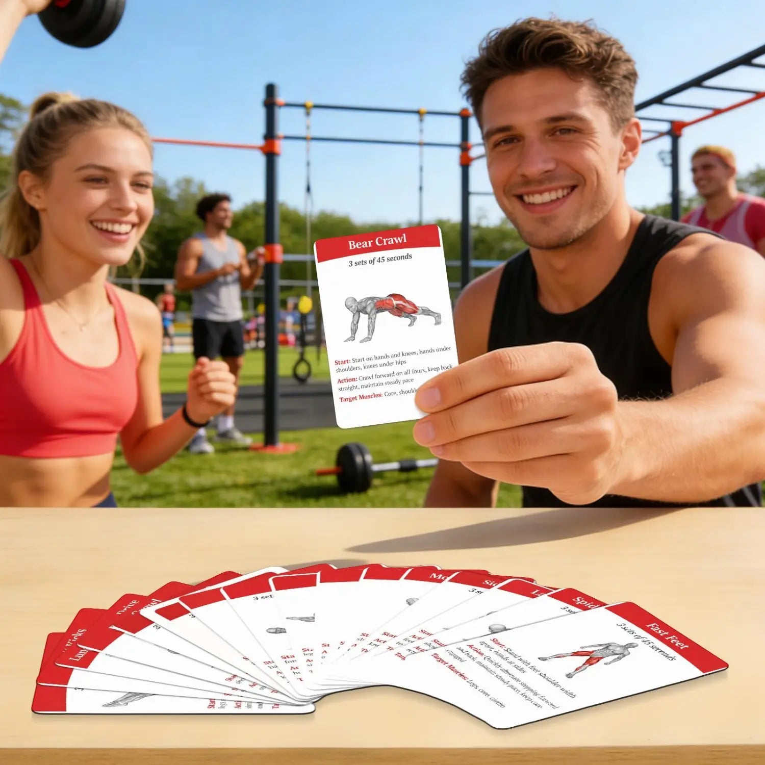 red and white workout cards fitness exercise deck card featuring a bear crawl illustration for home and gym use