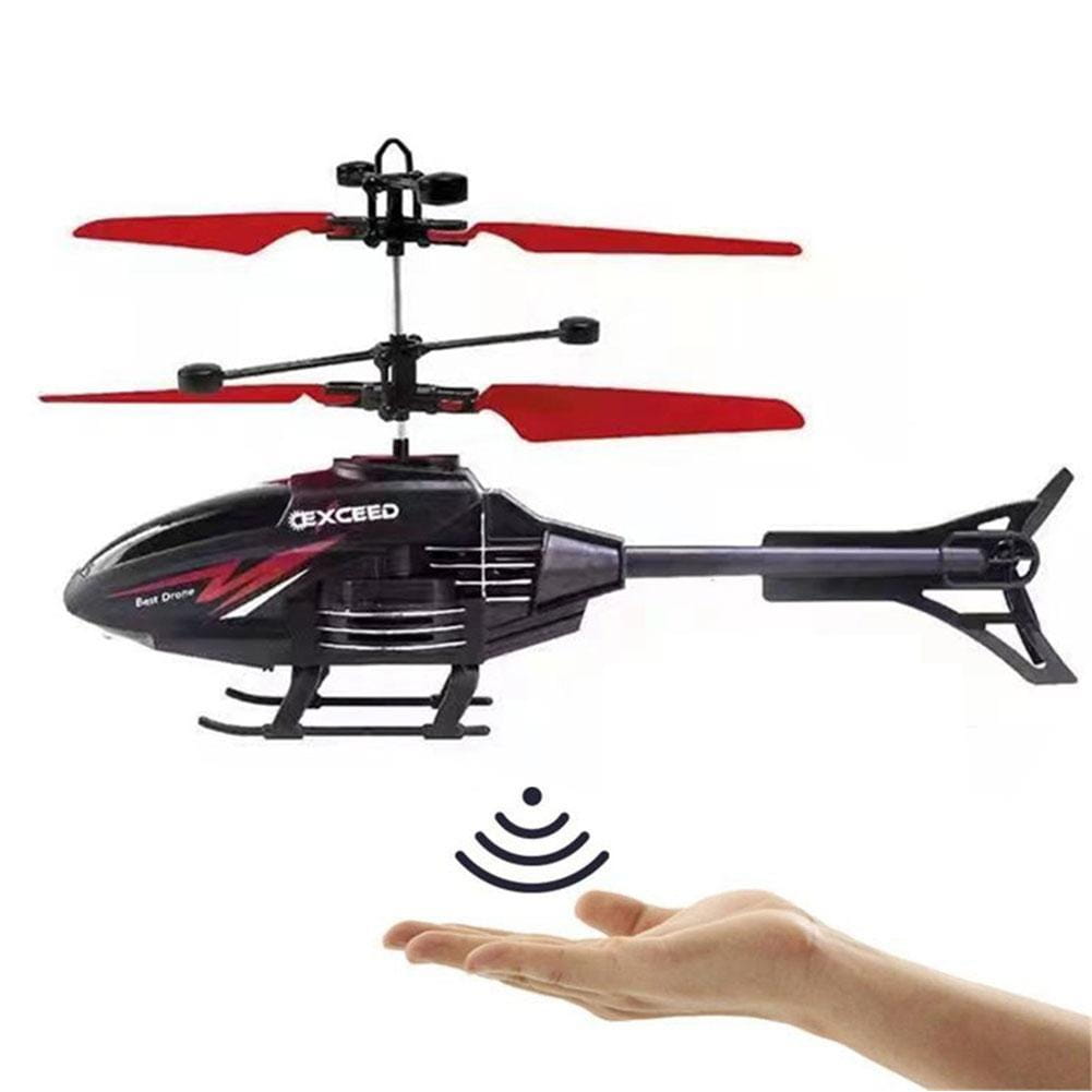 El juguete de helicóptero de inducción en suspensión teledirigido con mando a distancia de marca negra y roja superada, diseñado para volar en interiores.