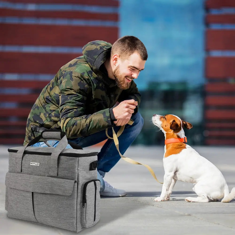 Sac de voyage pour chien en tissu gris à texture, avec fermeture éclair, bordure noire et plusieurs compartiments pour un rangement organisé.