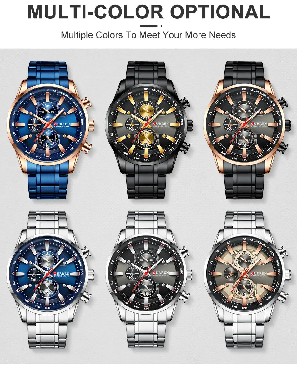 Curren mens chronograph stainless steel watch collection featuring multi-color options with detailed dial designs and stainless steel bracelets.