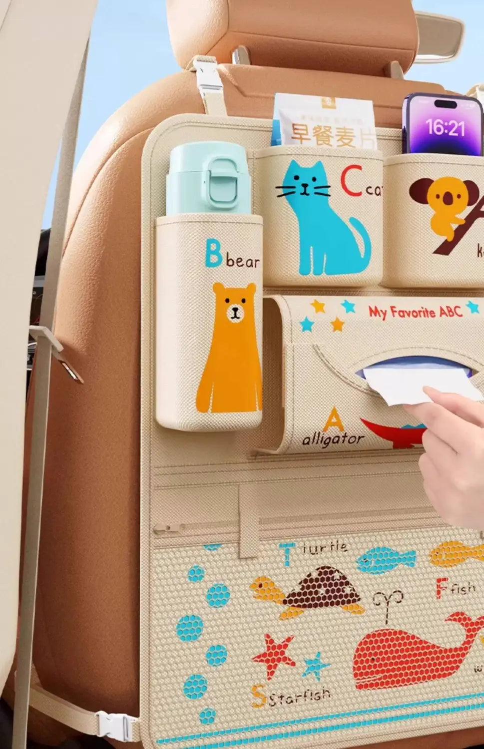 Beige car seat organizer with colorful animal-themed pockets featuring bears cats koalas alligators turtles fish and starfish and an attached tissue box designed for animal alphabet storage.