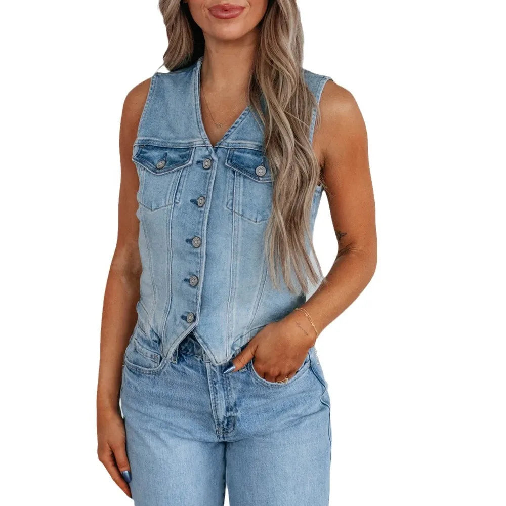 Women's Casual Denim Vest Chic Light Wash Sleeveless Button Front Crop Waistcoat Streetwear
