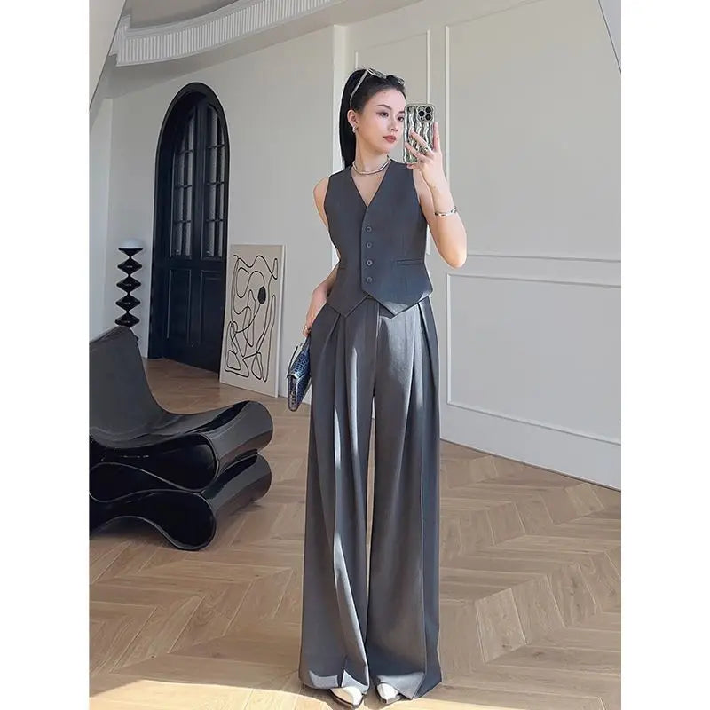 Women's Sleeveless Vest Wide-Leg Pants Set - Formal Office Work Two-Piece Suit