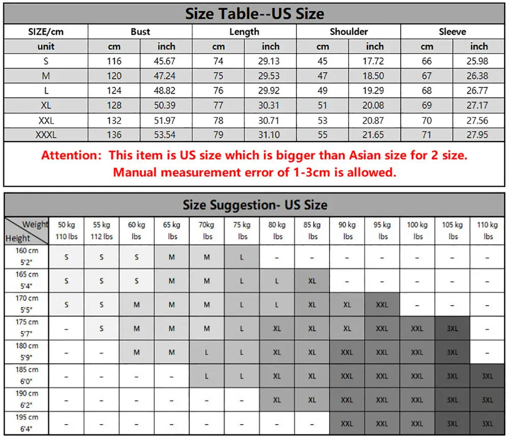 us size clothing sizing chart with detailed bust length shoulder and sleeve measurements in cm and inch for men’s waterproof tactical hooded jacket.