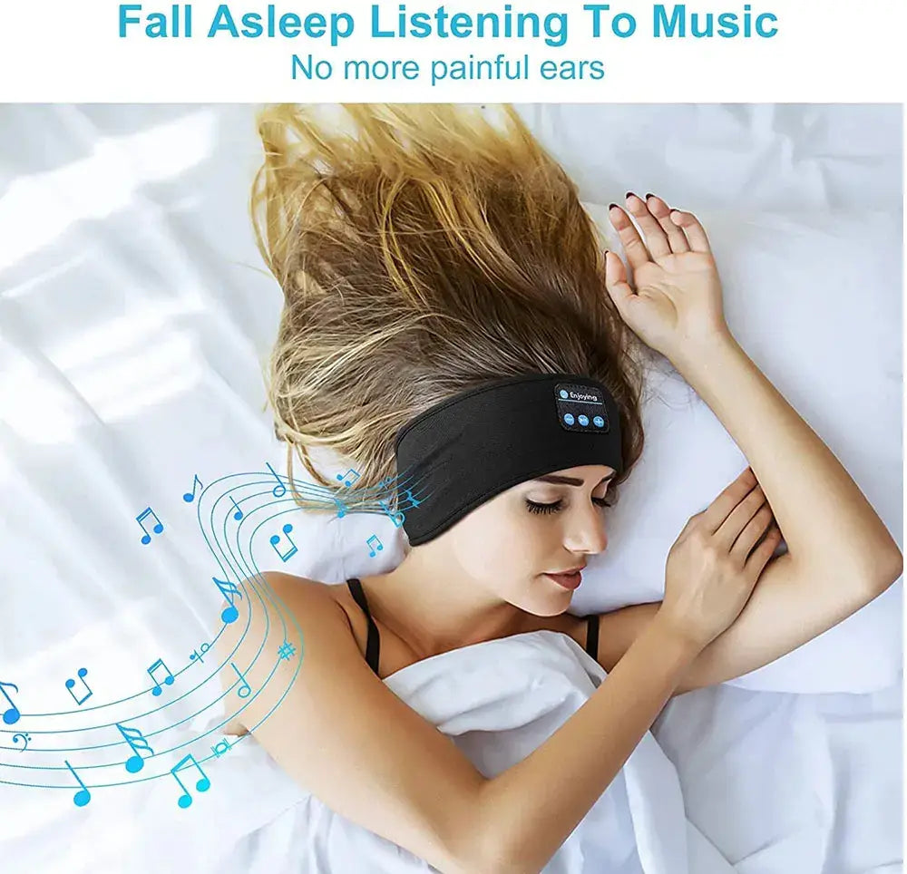 Schwarzes Bluetooth-Schlafstirnband aus weichem Stoff mit eingebauten kabellosen Sportkopfhörern und Bedientasten zum Abspielen von Musik zur Unterstützung des Schlafs.