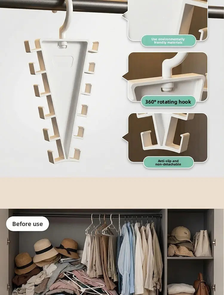 Support de cintres en plastique blanc en forme de V à plusieurs crochets, avec un crochet rotatif à 360 degrés et plusieurs emplacements pour organiser les vêtements dans une penderie
