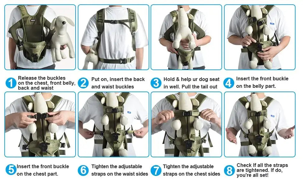 Sac à dos porte-animaux vert olive avec sangles réglables et sections rembourrées, conçu pour un transport sécurisé de petits chiens et chats.