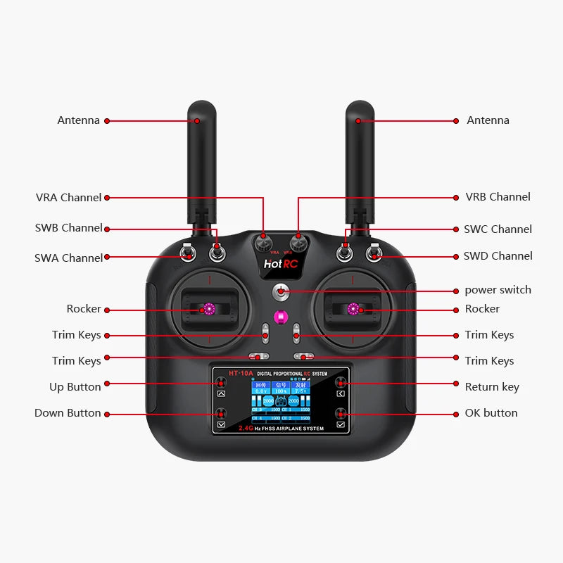 Hotrc Hot RC HT-10A HT10A 2.4Ghz 10CH Remote Controller F-10A F10A Receiver For RC Aircraft Vehicle Boat Drone Accessories Parts