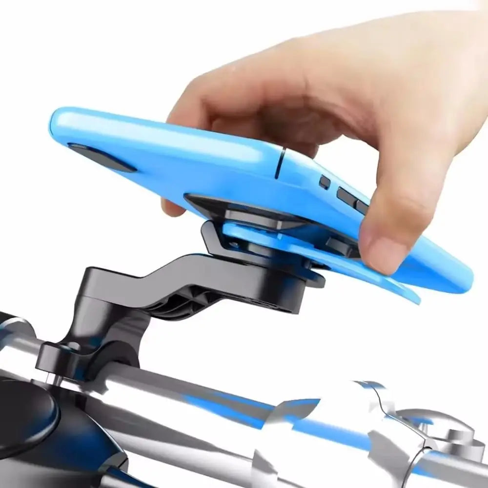 blue smartphone mounted on a black magnetic bike phone mount universal handlebar gps holder securely attached to a bike handlebar.