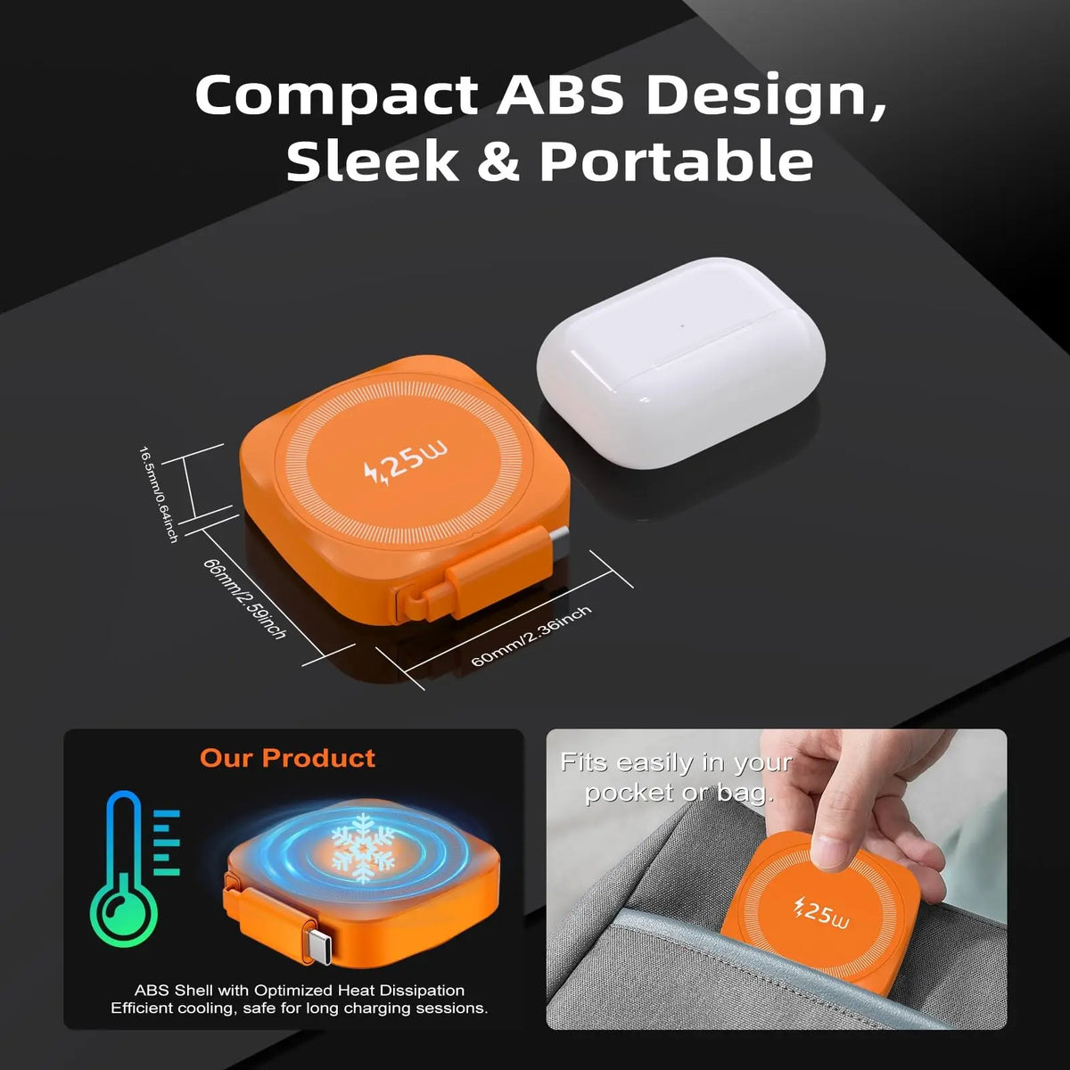 25W Wireless Charger with Retractable USB-C Cable Fast Qi2.2 Magnetic Charger for iPhone Airpods Portable Wireless Charging Pad