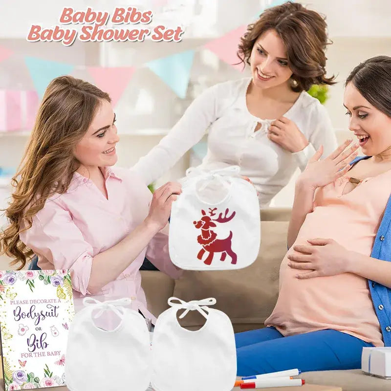 white baby bib from diy baby shower bib and bodysuit decorating kit featuring a red reindeer design ideal for infant use.