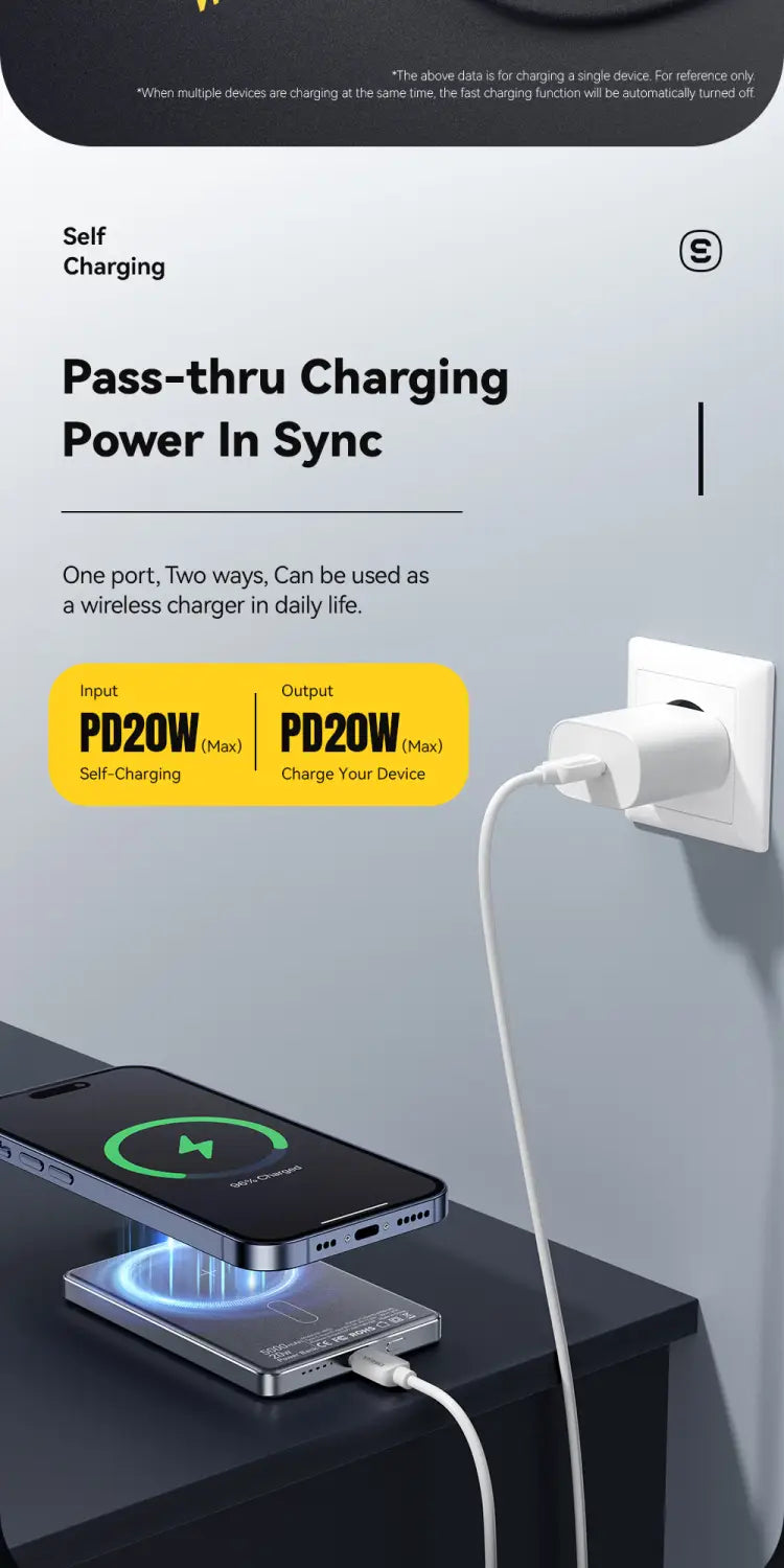 Silver wireless power bank with MagSafe 20w 5000mah capacity featuring a sleek minimalist design and glowing blue light ring for wireless power charging.