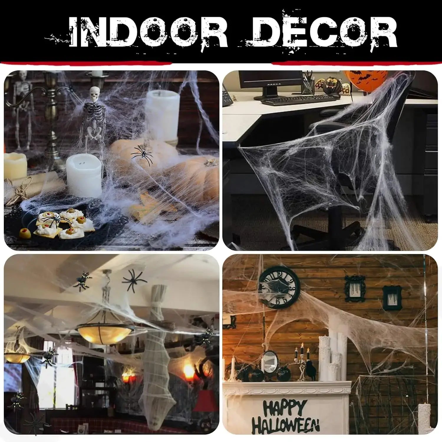 telarañas blancas sintéticas de máxima elasticidad mostradas para decoraciones de fiesta de Halloween vistas desde el frente