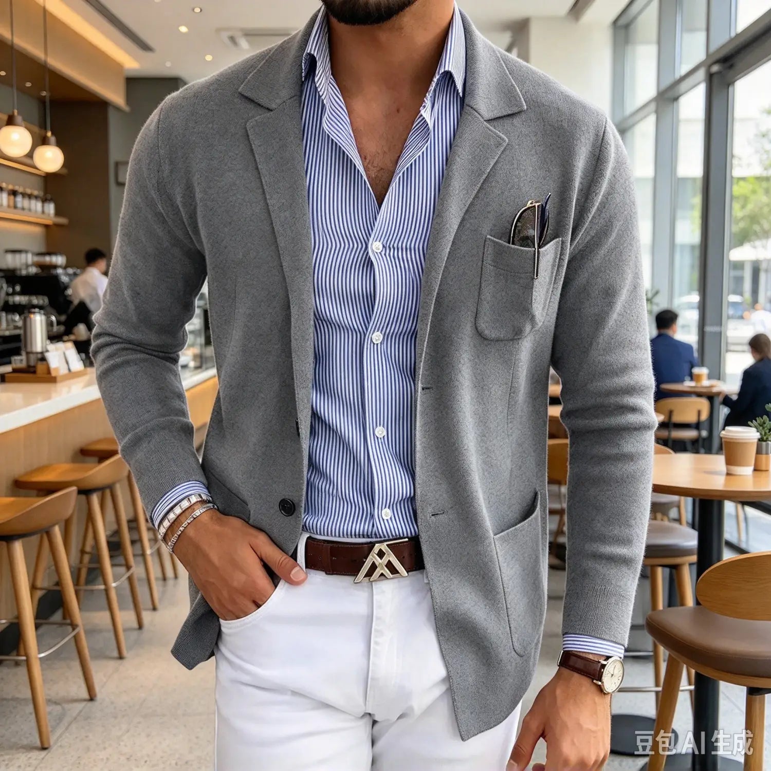 Chaqueta tipo blazer gris de punto, de ajuste entallado, para hombre, con solapas tipo púa y diseño de chaqueta de traje lisa de una sola fila de botones.