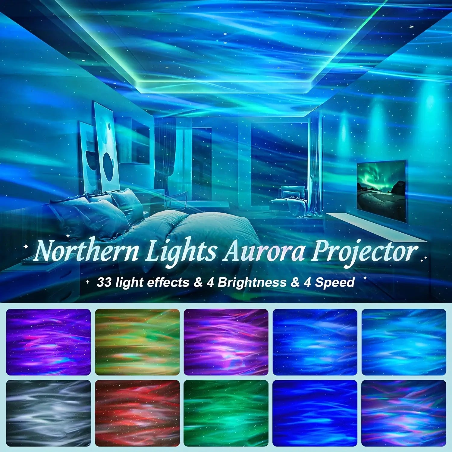 ein rotierender Nordlichter-Projektor mit blauen Aurora-Mustern und 33 Lichteffekten sowie anpassbaren Einstellungen für Helligkeit und Geschwindigkeit, von einem vorderen Blickwinkel aus sichtbar, mit Fernbedienung.