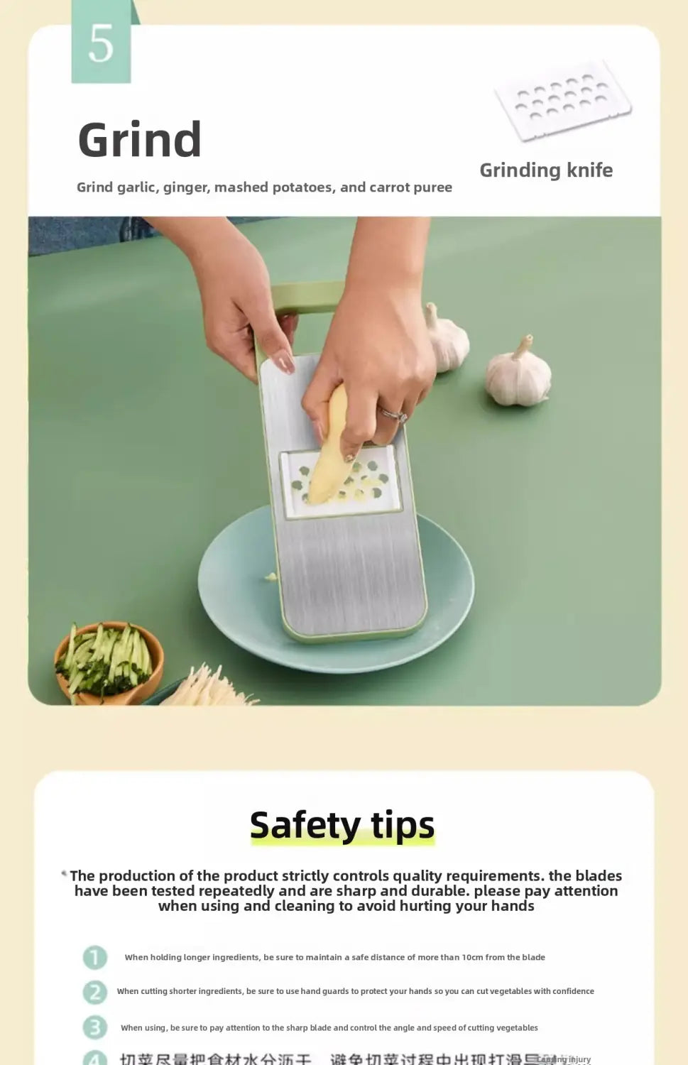 Silver-colored multi-functional stainless steel vegetable slicer shredder with sleek modern design and interchangeable blades for grinding garlic ginger mashed potatoes or carrot puree.