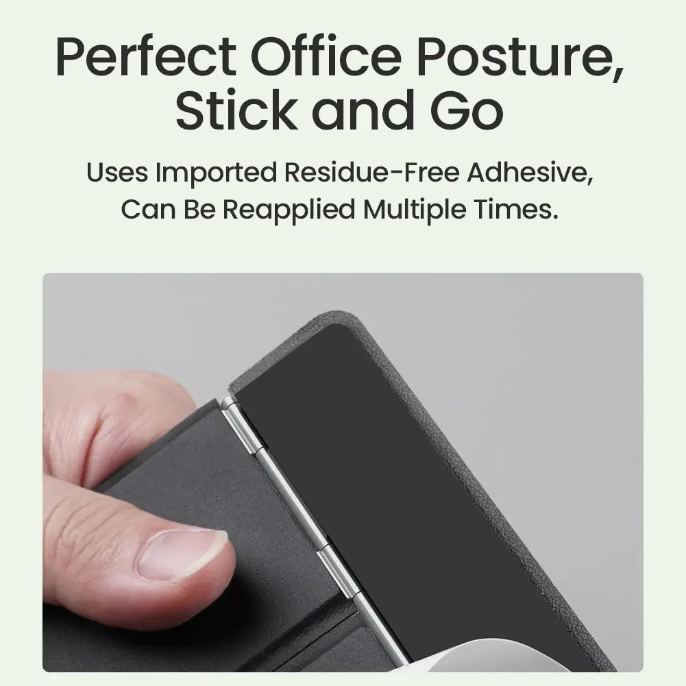 Black ergonomic office posture corrector with sleek minimalist design and metallic hinge shown on the back side of the nillkin dualwing adhesive laptop stand computer bracket type.