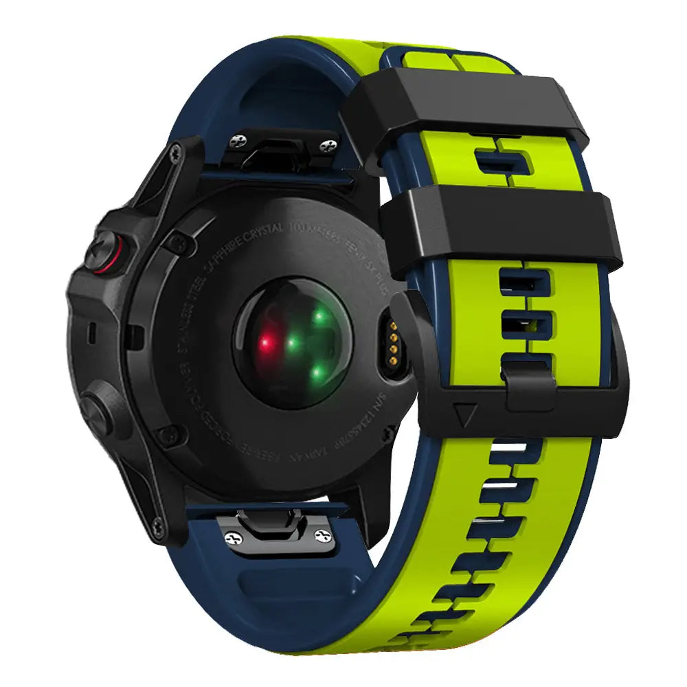 Garmin Fenix Silikonarmband in leuchtendem Neon-Gelb und Navyblau aus strapazierfähigem Silikon mit schwarzer Kunststoffschnalle für Garmin Forerunner- und Fenix-Modelle.