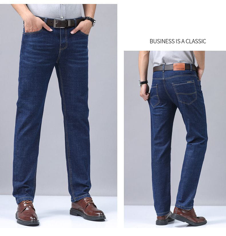 Men’s stretch cotton straight jeans in dark blue denim with a classic straight-leg cut, subtle fading, and brown leather belt loops and stitching details.
