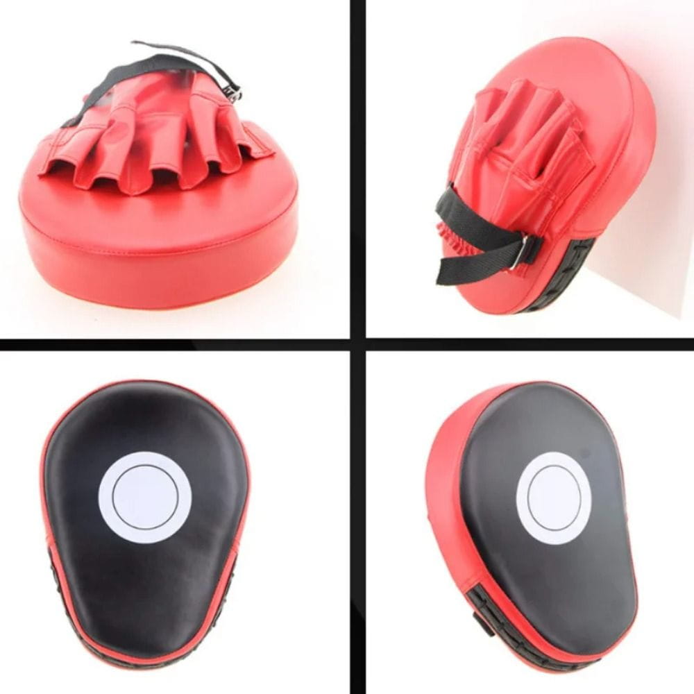 Red and black boxing punch pad focus mitts with padded finger-shaped grips and adjustable straps for fitness training.