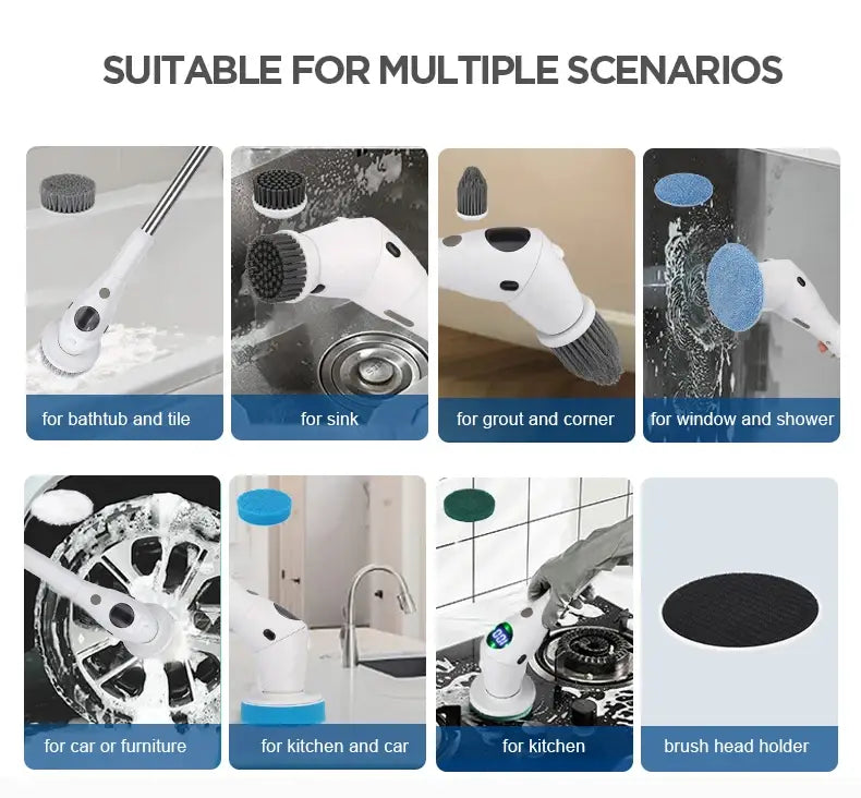 Brosse électrique blanche à rotation avec tête de brosse interchangeable et longue poignée, conçue pour nettoyer diverses surfaces.