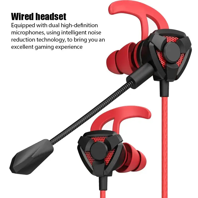 Red and black wired gaming earbuds with mic and flexible boom microphone designed for in-ear use.