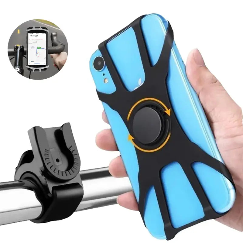 Soporte universal para teléfono de bicicleta de silicona azul y negro con diseño de anillo giratorio para un montaje seguro en motocicleta.