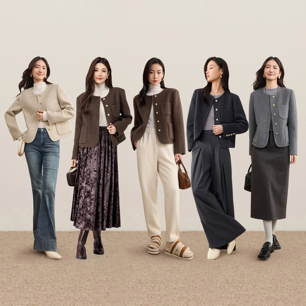 SENTUBILA Women's Sheep Wool Double Faced Overcoat Winter 2026 O-Neck Short Multi Color Optional Elegant Casual Tops W54OG8767