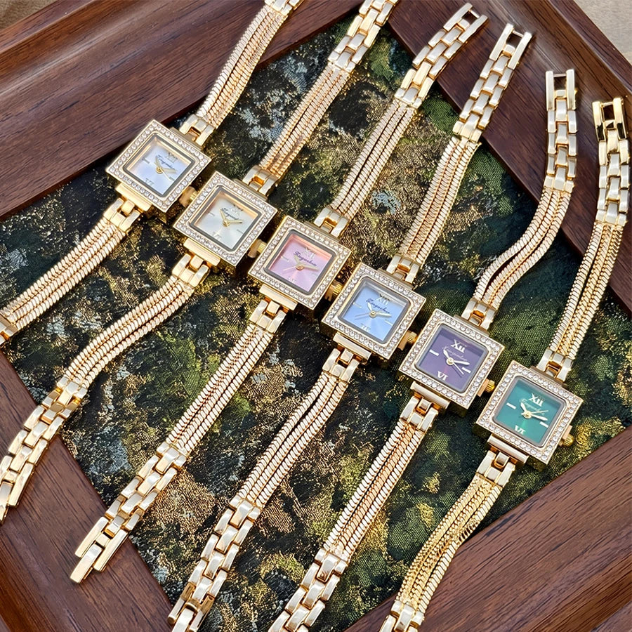 Gold Watch for Women: Square Bezel-Set Diamond Dial Fringe Strap Vintage Glamour Ladies Watch