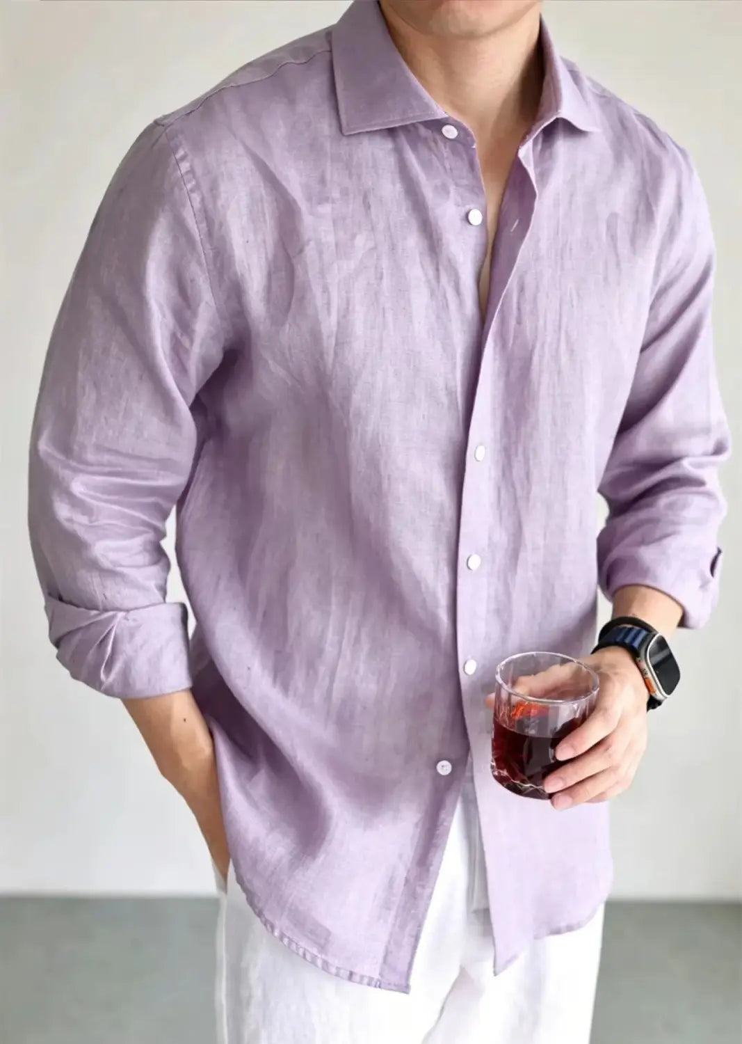 Men cotton linen casual button down shirt in soft lavender with a classic collar and rolled sleeves.